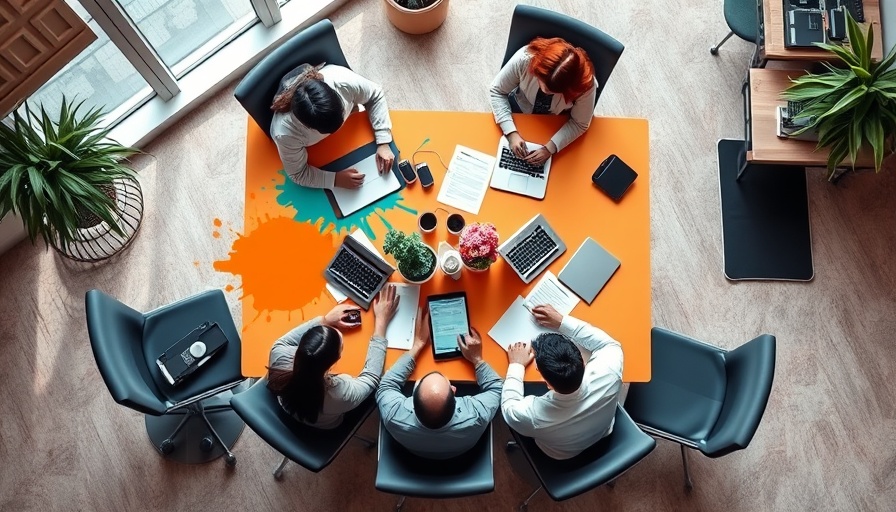 Creative business meeting with documents and laptops, vibrant setting.