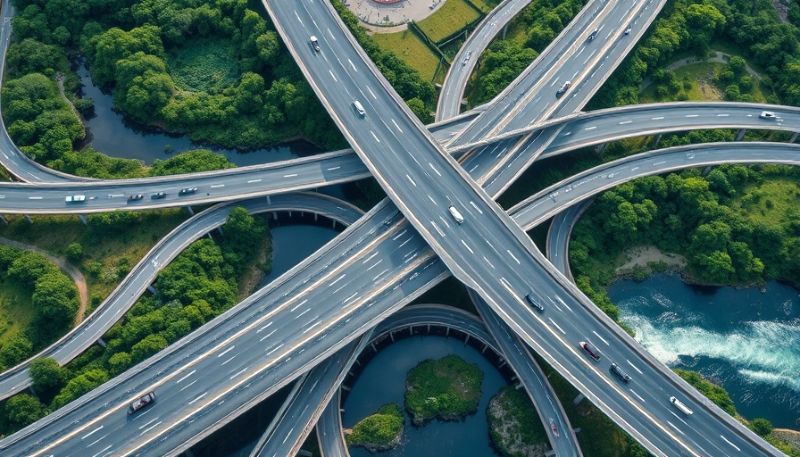 Aerial view of highway interchange with cars over water and greenery.