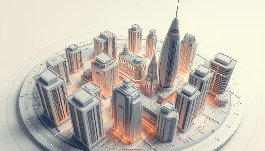 Futuristic city model with interconnected buildings and glowing lights for emerging technology in home services