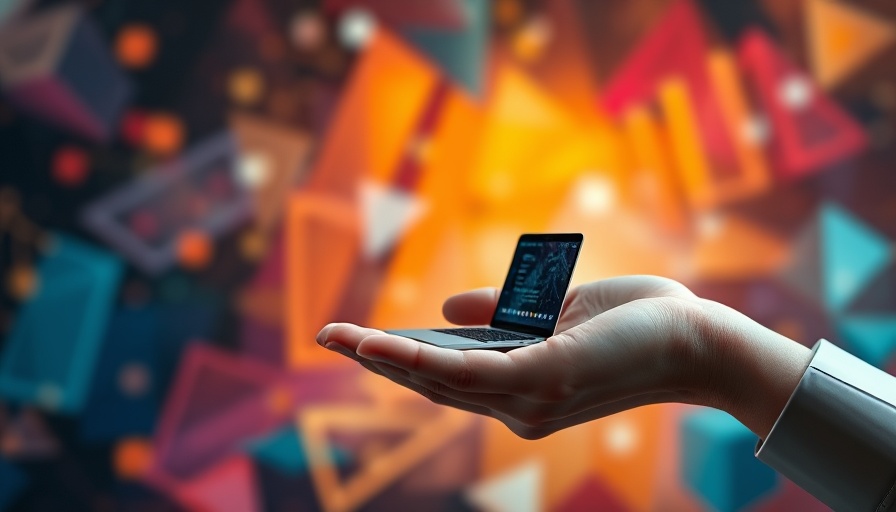 Conceptual AI chatbots for marketers illustration with miniature laptop.