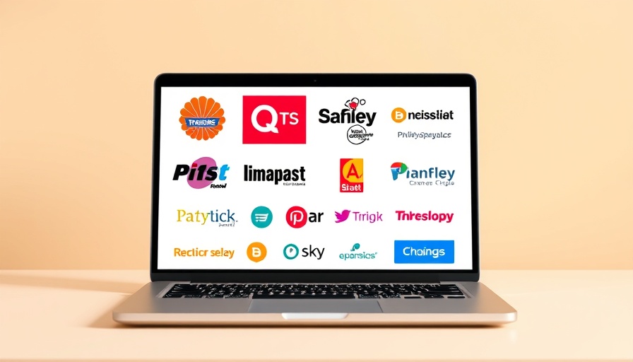 Brand identity elements displayed on a laptop with color palettes and typography.