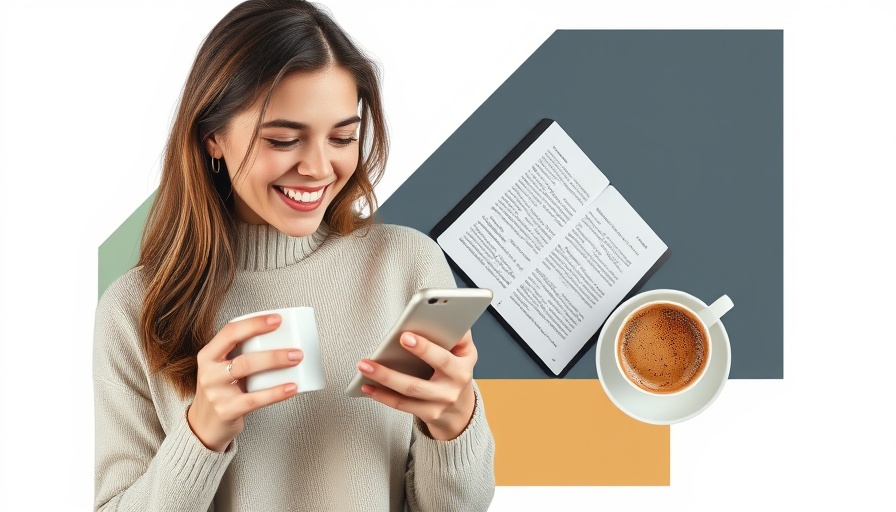 Smiling woman with coffee, e-reader, and smartphone in modern collage.