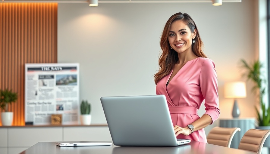 Confident woman at desk illustrating content syndication benefits.
