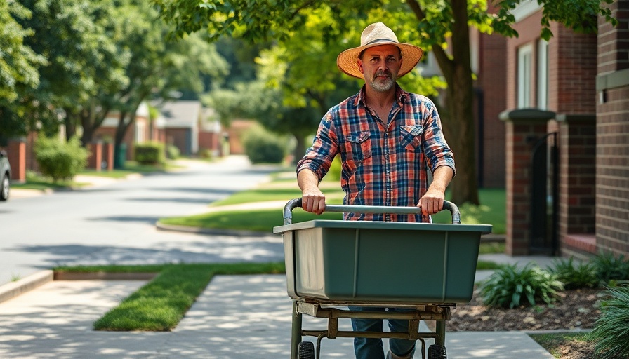Casual gardener pulling a cart, bright suburban setting, gardening ideas for small spaces.