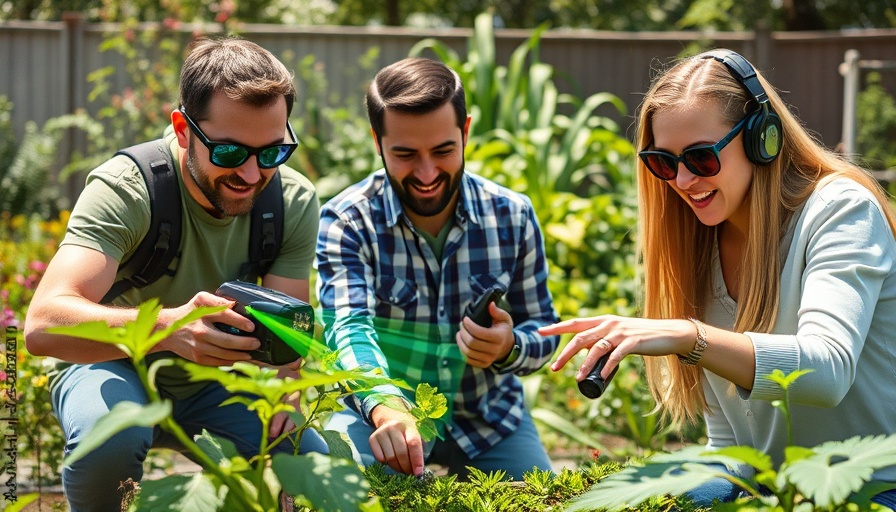 Futuristic gardening technology experiment in a vibrant garden.