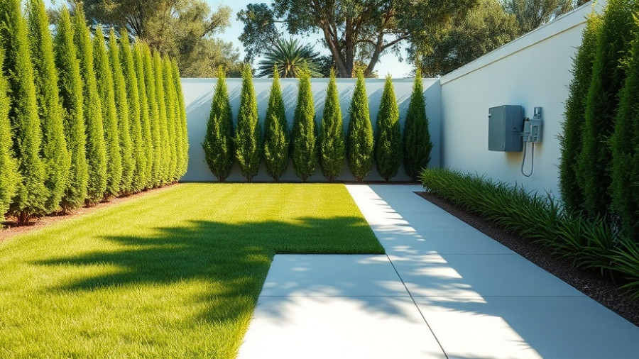 Modern backyard utility boxes with greenery and sunlight.