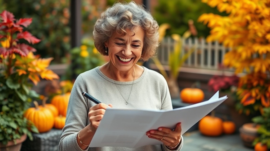 Smiling woman planning fall gardening surrounded by autumn leaves.