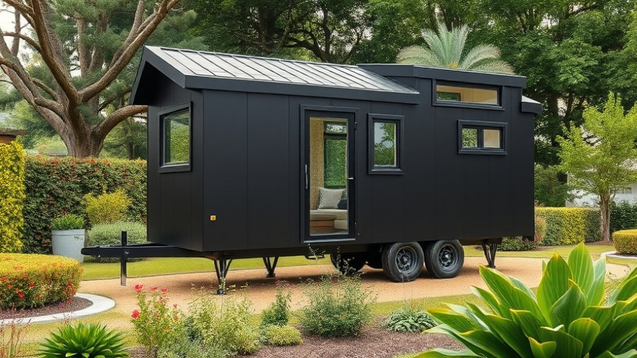 Modern black tiny house in garden setting, affordable tiny house solutions.