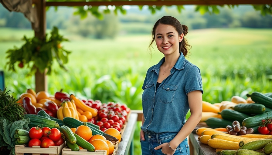 Honor System Farm Stand with fresh produce and woman smiling.