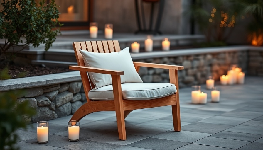 Modern chair with outdoor cushions on a small patio, warm glow.