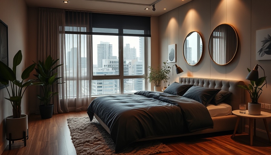 Cozy minimalist bedroom design with dark bedding, plants, and a unique vibe.