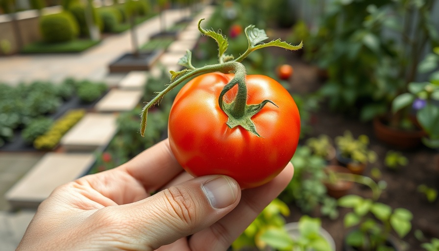 Close-up of tomato seedling in urban garden setting.