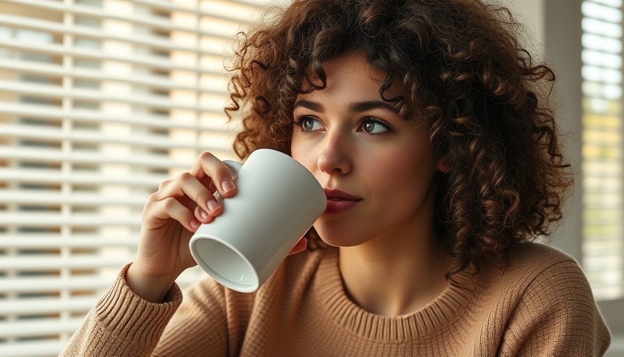 Curly-haired woman in casual setting drinking from a white mug.