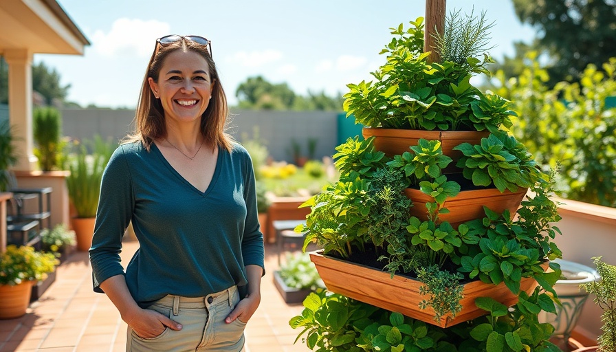 Smiling woman with stackable garden on a sunny patio.