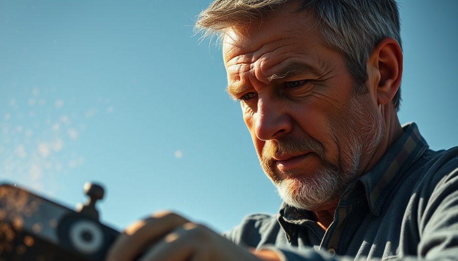 Focused man using power tool outdoors, DIY project.