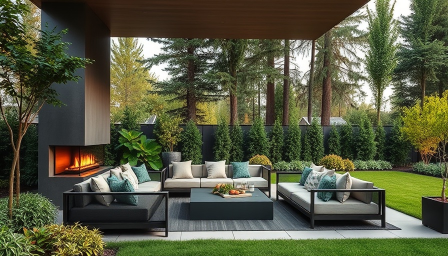 Luxury outdoor entertaining space design with cozy seating and fireplace.