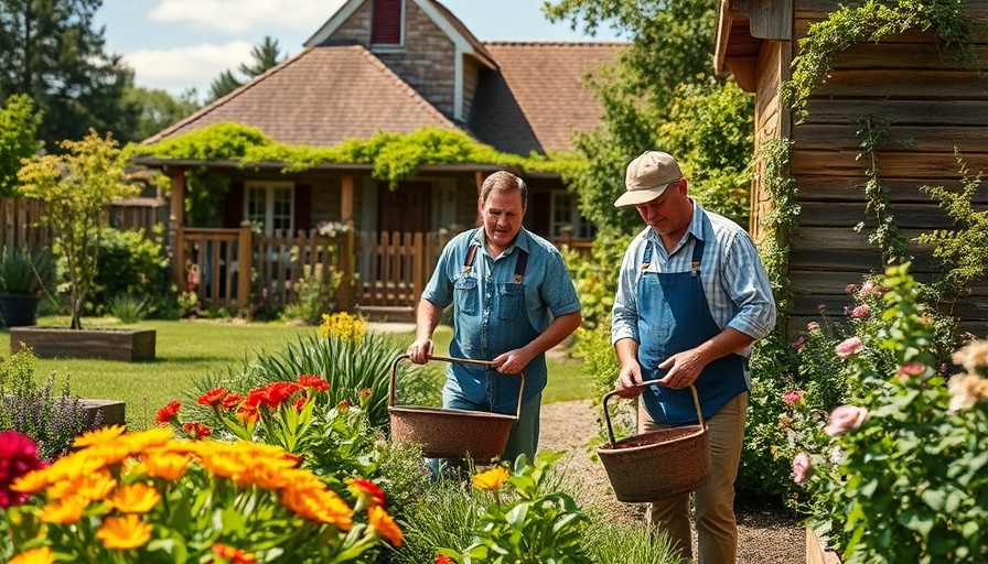 DIY farmhouse garden ideas with two men in a rustic garden makeover.