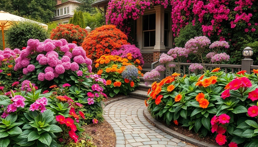 Vibrant flowering foundation plants enhance garden glow.