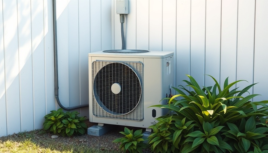 Efficient air conditioning unit to lower your electric bill this summer, sunny backyard.