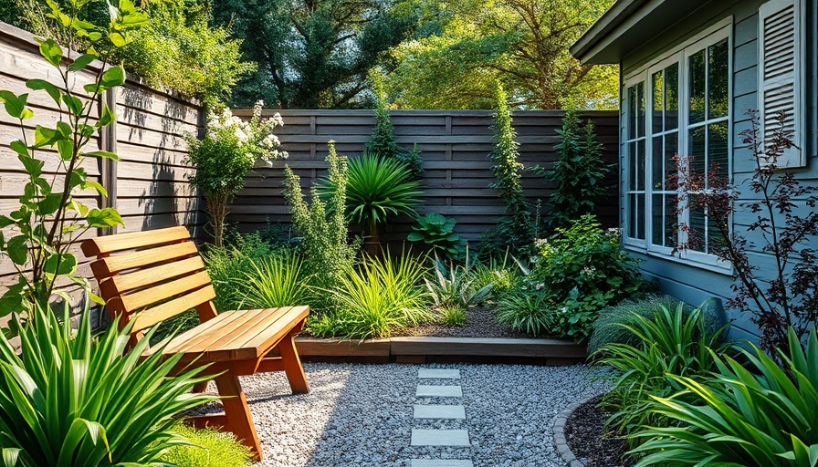 Low-maintenance modern garden with wooden bench and lush plants.