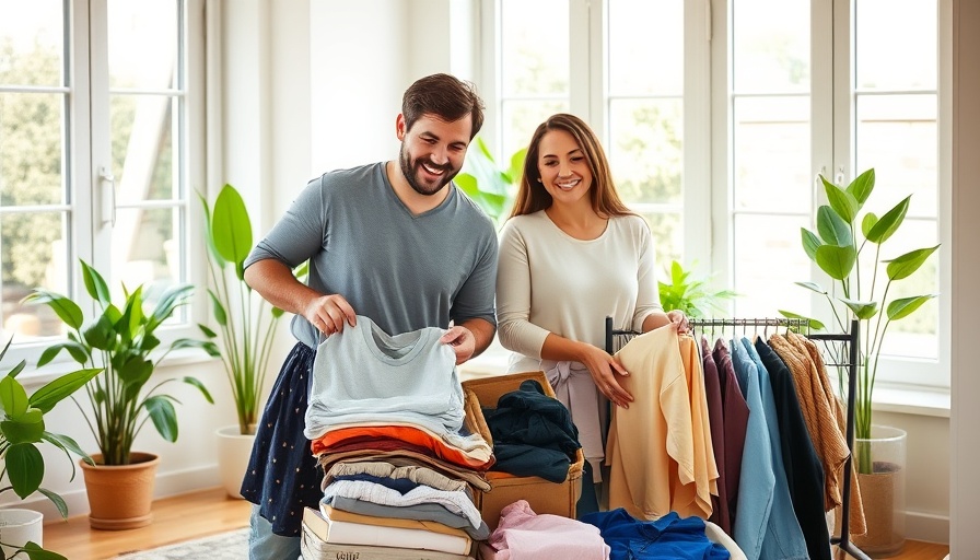 Couple folding laundry together in a bright living room, laundry tips for families.