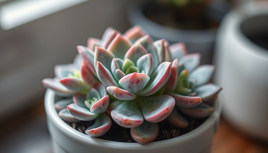 Color-changing succulents in a white pot for balcony display.