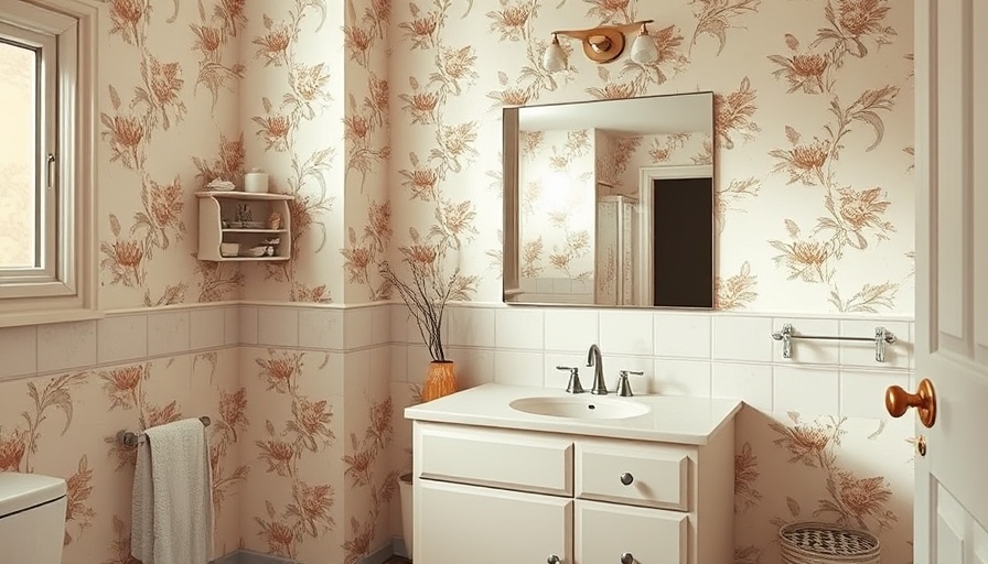 Outdated bathroom before transformation, floral wallpaper, simple design.