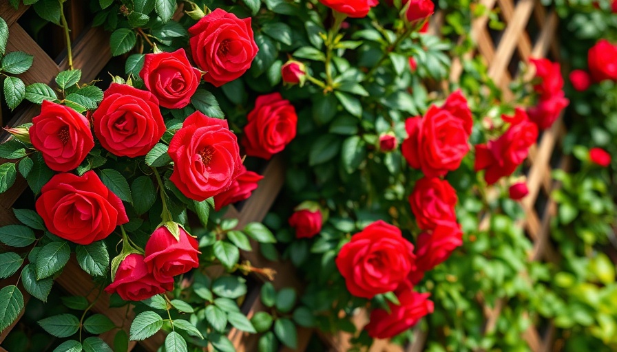 Vibrant red roses on a wooden lattice, easy-care perennial flowers backdrop.
