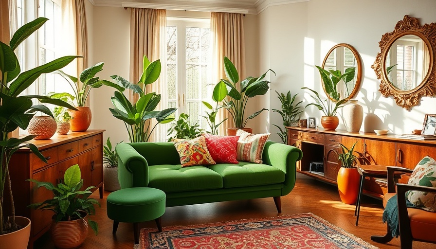Cozy living room setup with green chaise and plants.