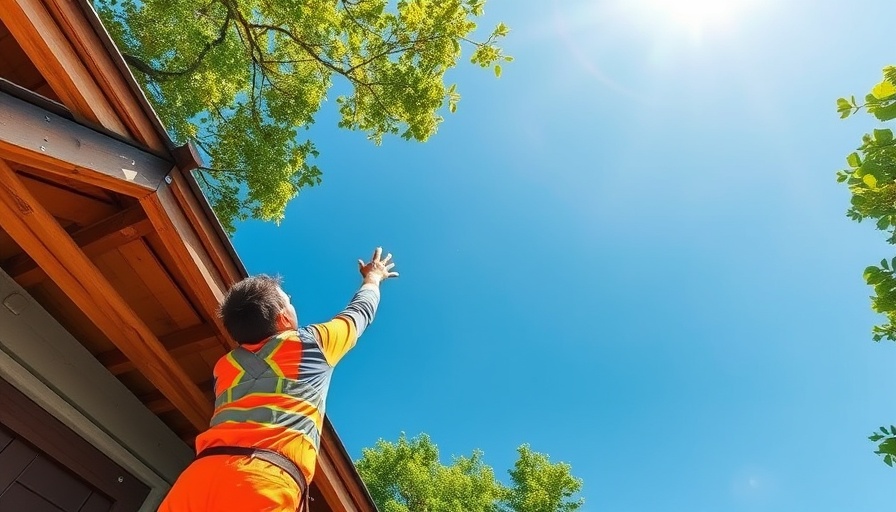 Person upgrading backyard shed roof under clear sky.
