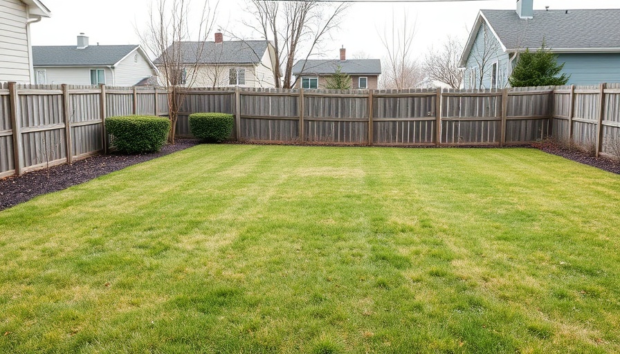 Simple backyard garden before transformation with grass and fence