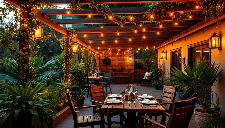 Cozy winter garden hangout with dining area and lights.
