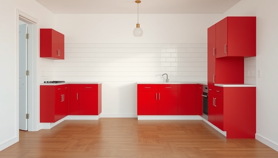 Minimalist rental kitchen before budget-friendly makeover, with red cabinets.