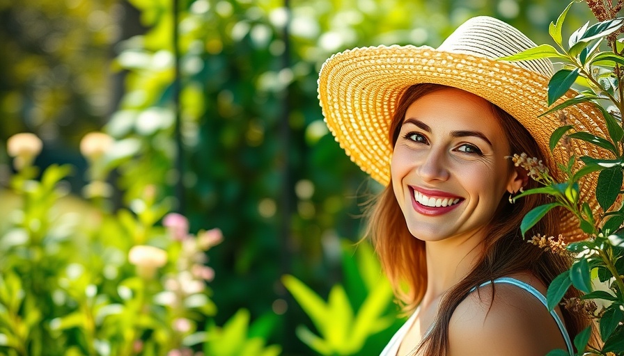 Smiling woman in garden with low maintenance plants in sunlight