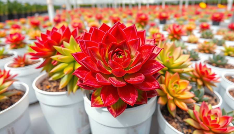 Vibrant red succulent resembling flowers in a greenhouse.