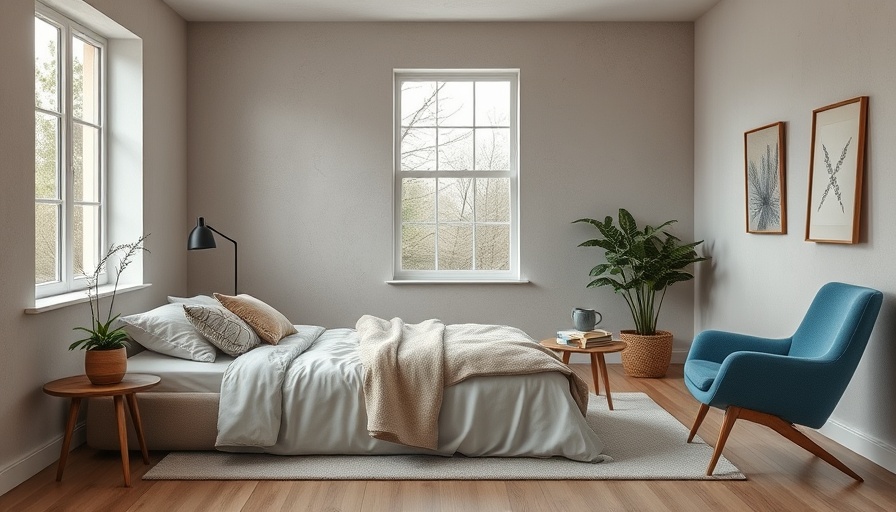 Modern bedroom with plaster walls and blue decor.