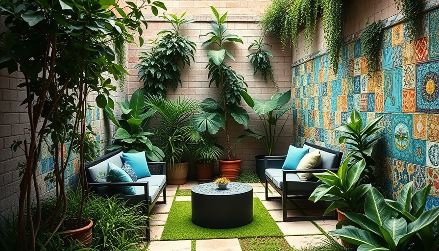 Charming small garden with cozy seating, greenery, and tiles.