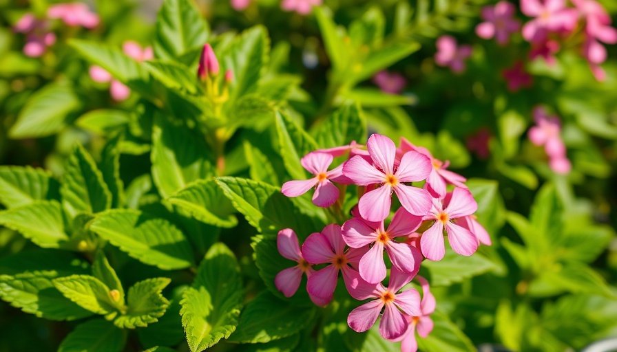 Container flowers for full sun with pink blooms and green leaves.