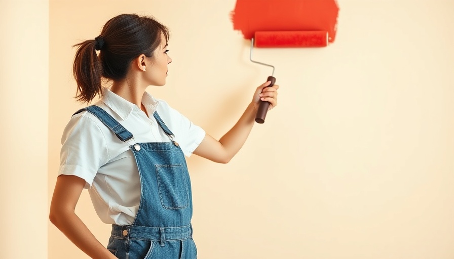 Indoor wall painting during humidity: woman uses roller with red paint.