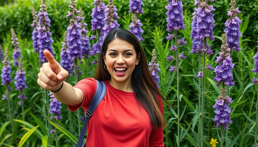 Tall perennials in garden with woman pointing, showing growth.