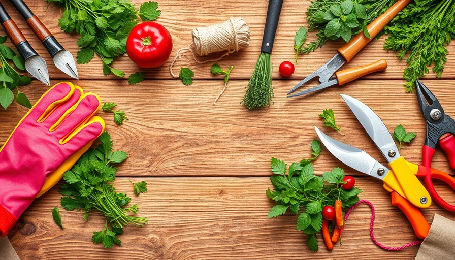 Vibrant gardening tools and herbs on rustic wood surface.