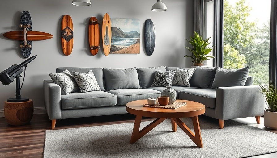 Living room design highlighting cross ventilation benefits with surfboards.