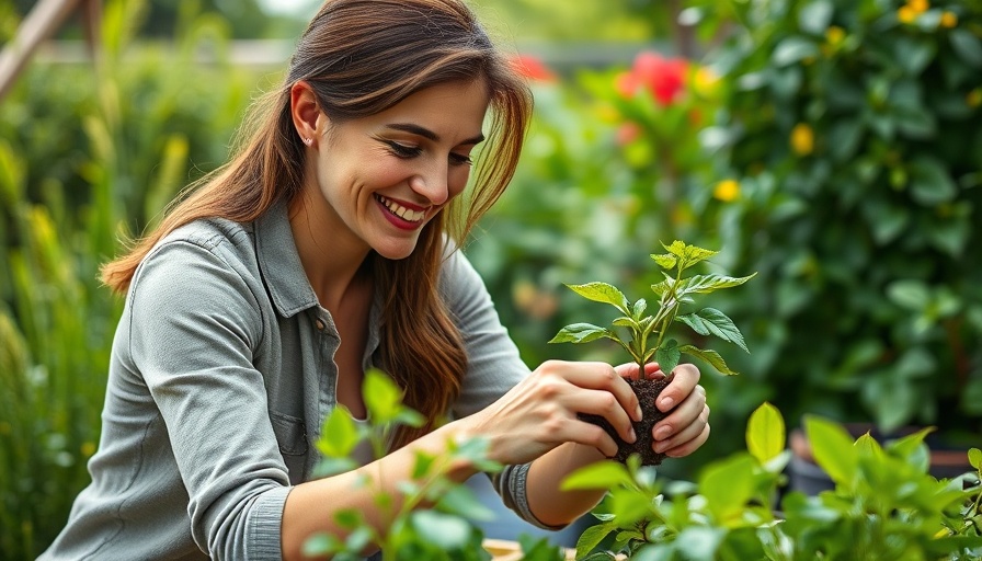 Woman potting a plant outdoors, DIY Outdoor Deck Makeover.