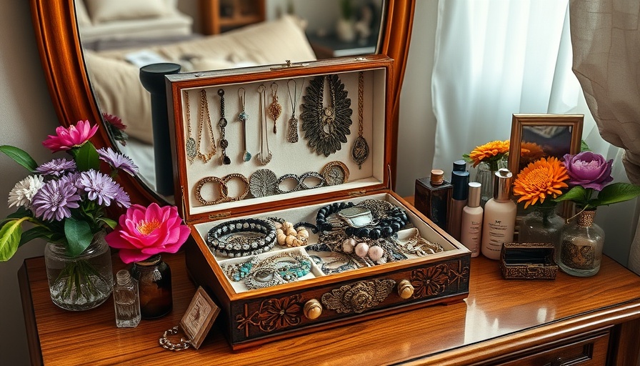 Eclectic object-filled vanity with Five Below jewelry box