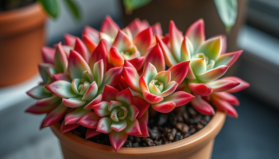 Thriving indoor succulents in a terracotta pot with red-tipped leaves.