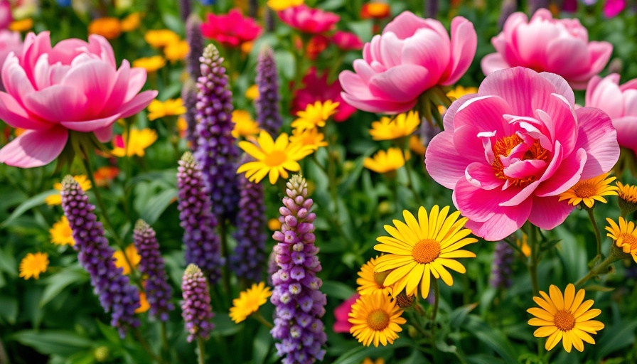 Lush garden of re-blooming perennials with vibrant colors.