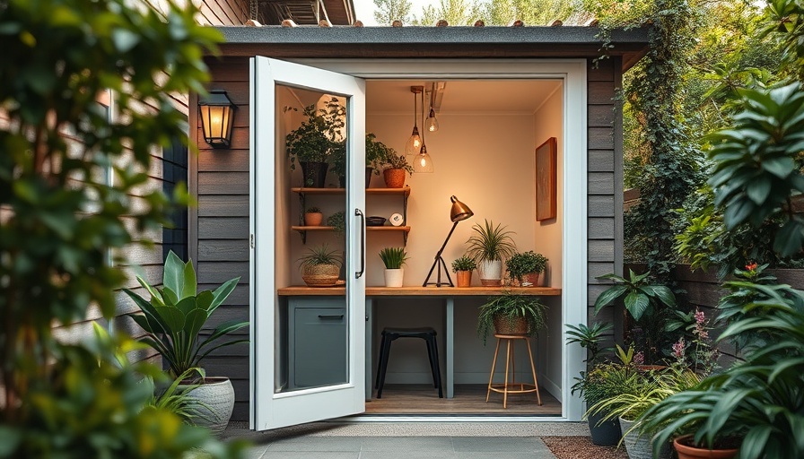 Compact outdoor workspace transformed from garage, lush garden setting.