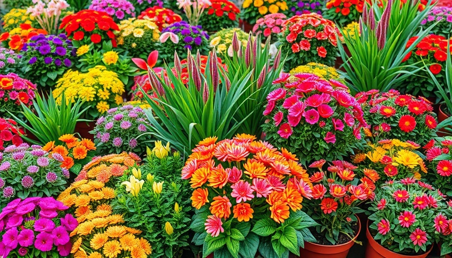Collage of easiest perennials in pots, colorful and thriving.
