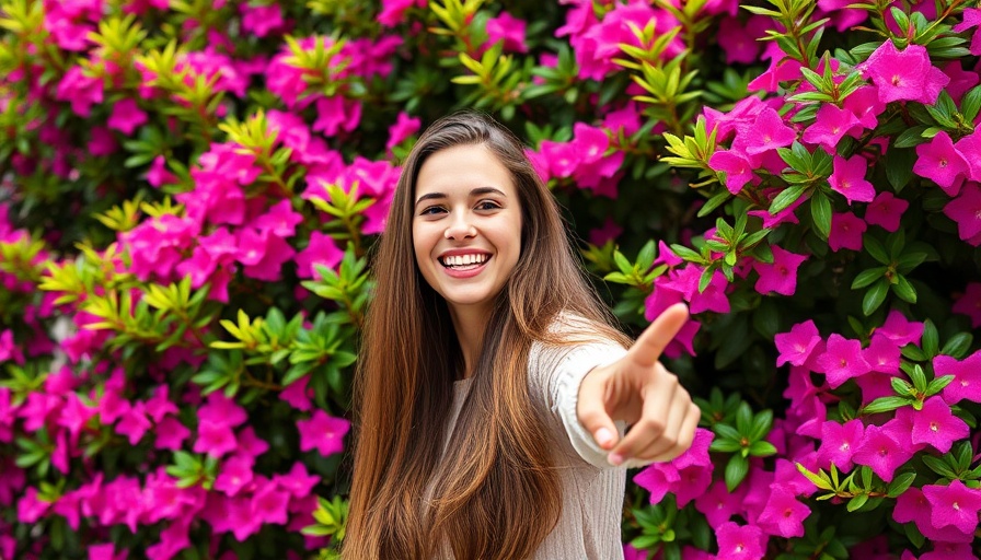 Cheerful woman in garden pointing at vibrant perennials and shrubs.