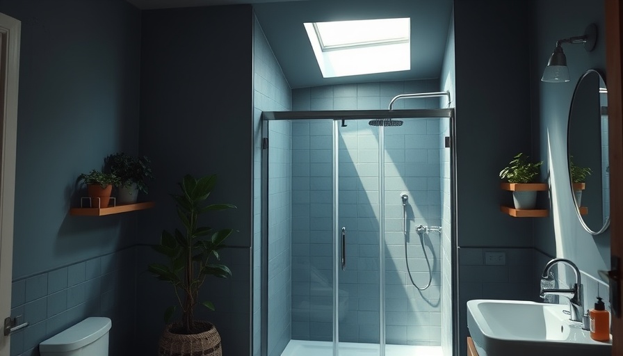 Stunning Bathroom Makeover in progress: Before image of dim bathroom with blue-gray walls.
